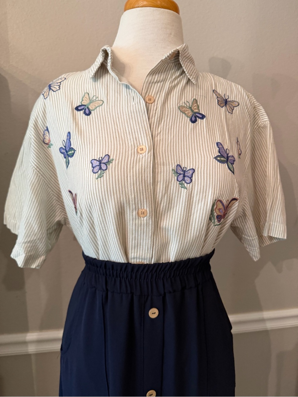 Vintage Petals Embroidered Butterfly Stripe Button-Up Top Cottagecore Grannycore
